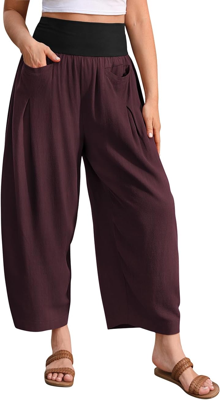 (Medium) TARSE Women’s Linen Harem Pants Loose Fit Boho Casual Trousers Wide Leg Lounge Pants with Pockets Jujube Red Medium