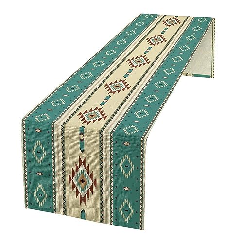 Image of Aztec Table Runner,Ethnic Southwestern Mexican Native Indian Green Pattern Retro Table Decor Kitchen Dining Room Party Decor 13x72 inch