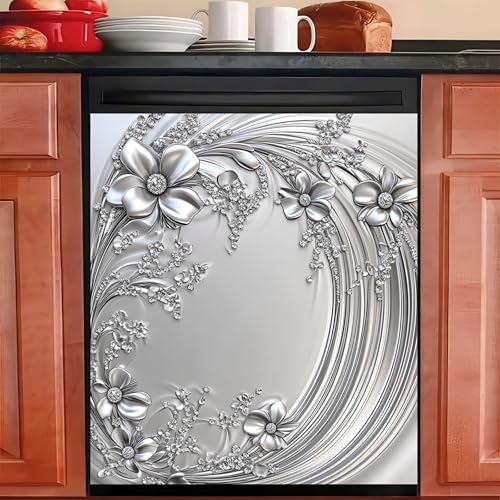 Image of HOMETITUTE Silver Floral Magnetic Dishwasher Cover 23x26 Inch Embossed Flower Panel Dishwasher Magnet Sticker Decorative Appliance Wrap for Kitchen Refrigerator Door Fridge Decoration