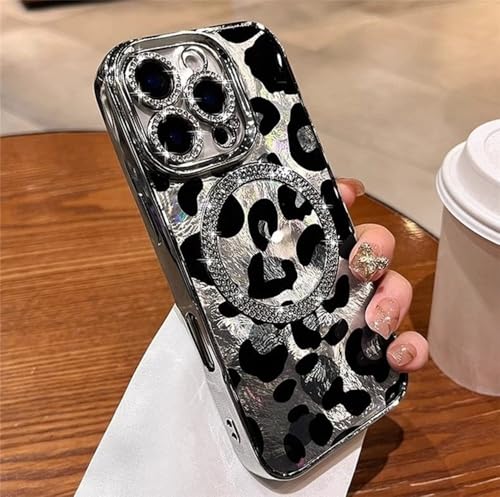 Coque diamant magnétique iPhone 13 et 12 Pro Max : cadre léopard argenté anti-rayures