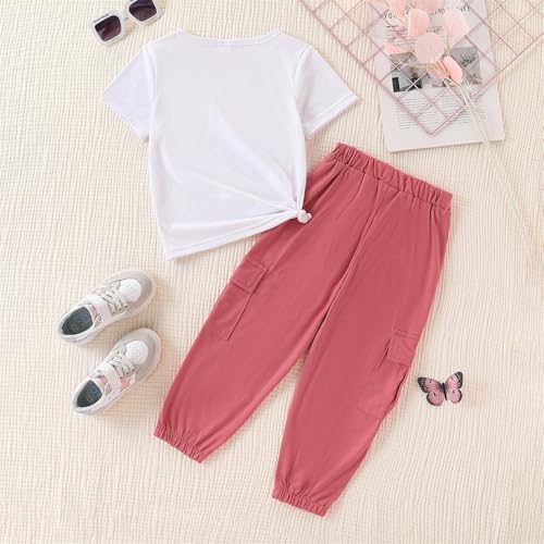 Image of Ayzozuy Kid Girl Clothes Outfits Figure Letter Graphic Tee Top + Flap Pocket Pants 2PC Clothing Set