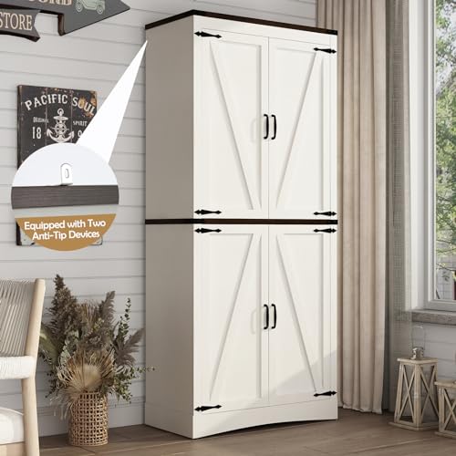 71in-Farmhouse-Kitchen-Pantry-CabinetTall-Storage-Cabinet-with-4-Doors-and-Adjustable-shelveswith-Load-Bearing-Steel-PipeWood-Storage-Cabinets-for-KitchenDining-RoomBathroomWhite 71in Farmhouse Kitchen Pantry CabinetTall Storage Cabinet with 4 Doors and Adjustable shelveswith Load Bearing Steel PipeWood Storage Cabinets for KitchenDining RoomBathroomWhite