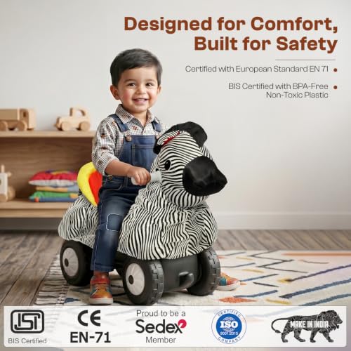 Image of Toyzone Little Soft Zebra Ride on | Cloth-Covered Ride On Toy with Wheels | Back Support | Indoor & Outdoor Ride-On for Toddlers 1-4 Years