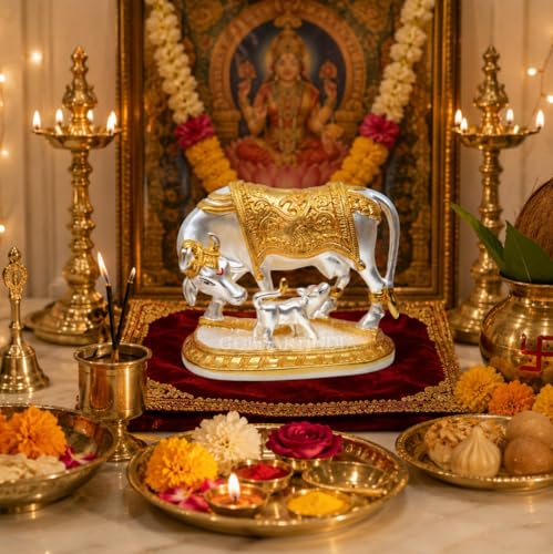 Image of Gold Art India Kamdhenu Cow with Calf Idol | 999 Silver Plated & 24KT Gold Plated | Two Tone Matte Finish | Premium Peacock Green Velvet Gift Box | Vastu Cow Statue for Home Temple & Spiritual Gifting