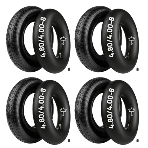 4 Set Schubkarrenrad 4.80/4.00-8 mit Schlauch, 250 kg Tragkraft, Stollenprofil Rad Luftrad 400x100mm für Schubkarre Gartenwagen Bauschubkarre Transportwagen