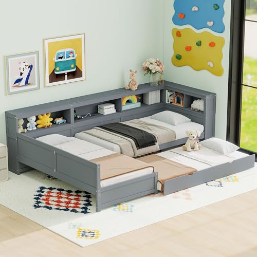 Merax Twin Size L-Shaped Platform Bed with Trundle for 3 People, Wood Corner Daybed with 1 Drawer & 5 Storage Shelves & Charging Station for Bedroom Guest Room (Grey)