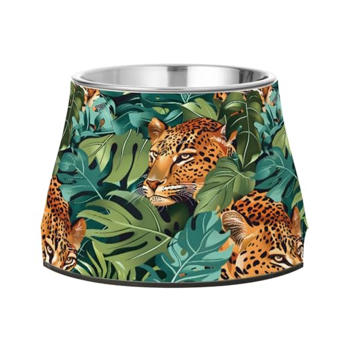 Ciotola rialzata per cani con foglie leopardate e tropicali, 540 ml, in acciaio inox, antiscivolo, ad alta capacità