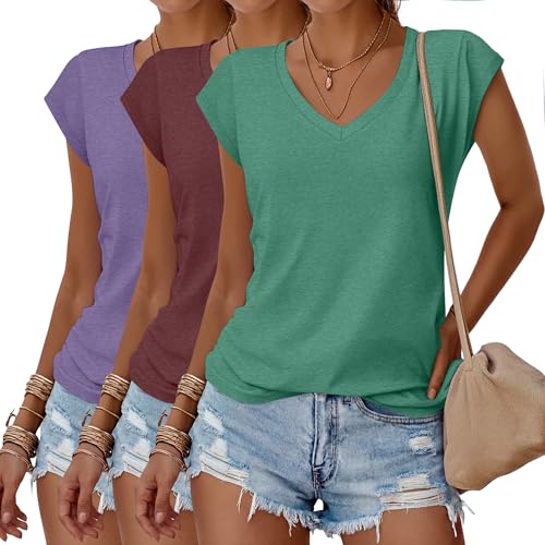 Image of Huukeay 3 Pack Women's V Neck Cap Sleeve T Shirts