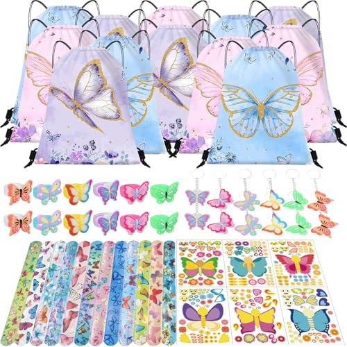 NlsqEU Cadeau de fête papillon pour anniversaire d'enfant fille, décoration, sacs cadeaux, tatouages autocollants, bracelet clip, porte-clés, anneau