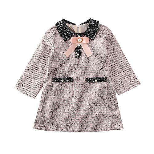 Toddler Baby Girl Plaid Princess Dresses Long Sleeve Turn Down Collar Bowknot Pearls Formal Party Outfit Clothes (Pink Dress, 5-6T)