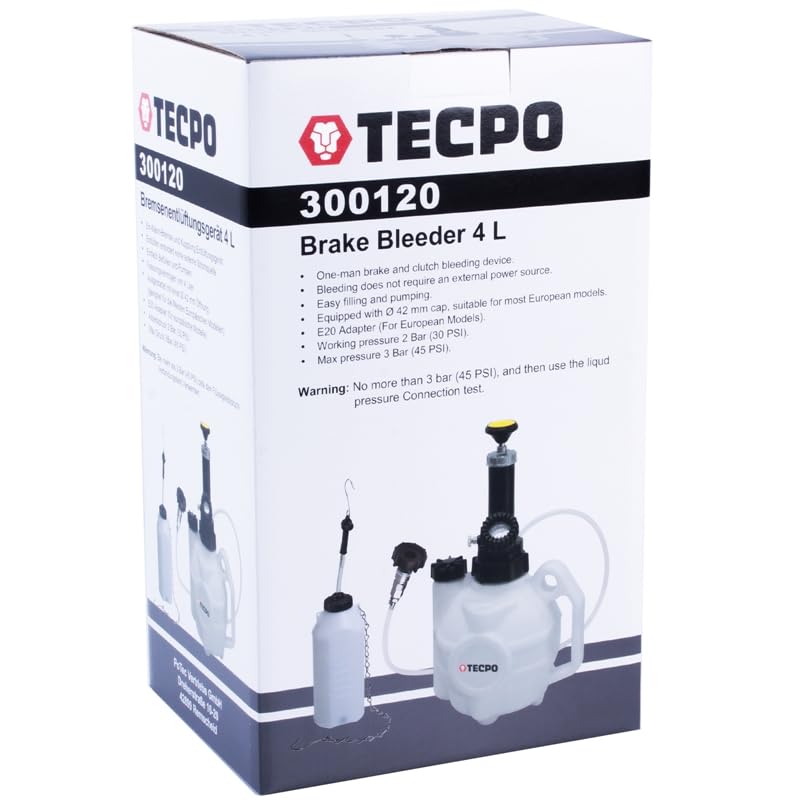 tecpo 300120 frenos Ventilación Cambio de dispositivo de 3 l + 1 L Botella Colector Purgador de frenos Kit de líquido de frenos con E20 adaptador Euro acoplamiento rápido