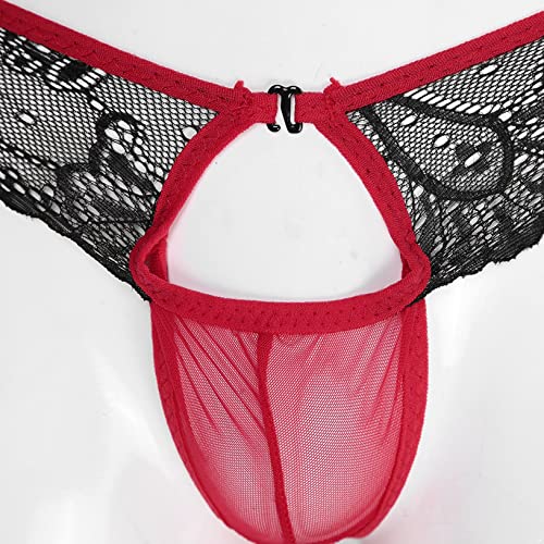 Fghsfrt Men Sexy Underwear Lace Low Rise Briefs T-Back Thongs Sissy Panties Intimate Lingeries Red #TOP4