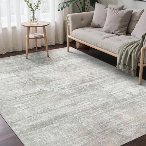 Image of BEIMO Area Rugs 8x10 for Living Room Bedroom, Modern Abstract Machine Washable Rug, Large Soft Low Pile Floor Carpet with Non Slip Backing for Dining Room, Light Grey /Beige