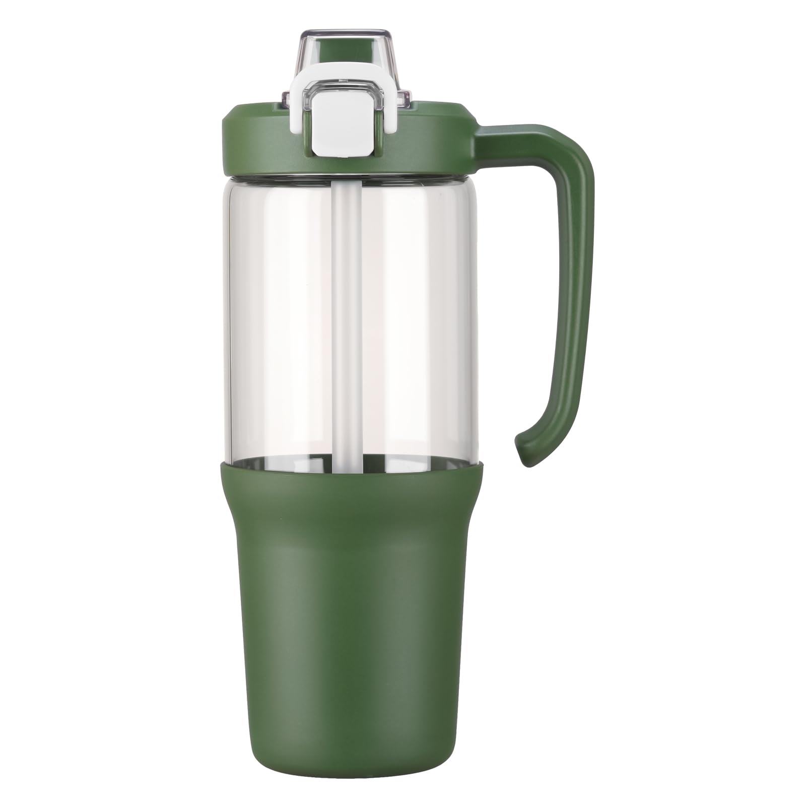 BLUEGO 1 Liter Wasserflasche mit Strohhalm und Griff, Becher aus Borosilikatglas mit Silikonhülle, Eiskaffeetasse für Smoothies, Auslaufsicher, BPA-frei, Olive