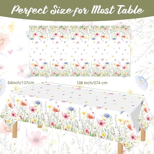 Image of Ganeen 3 Pcs Colorful Floral Tablecloth Disposable Plastic Wildflower Table Cloth Butterfly Flower Rectangle Table Cover for Birthday Wedding Valentines Easter Spring Tea Party Decor, 54 x 108 Inch