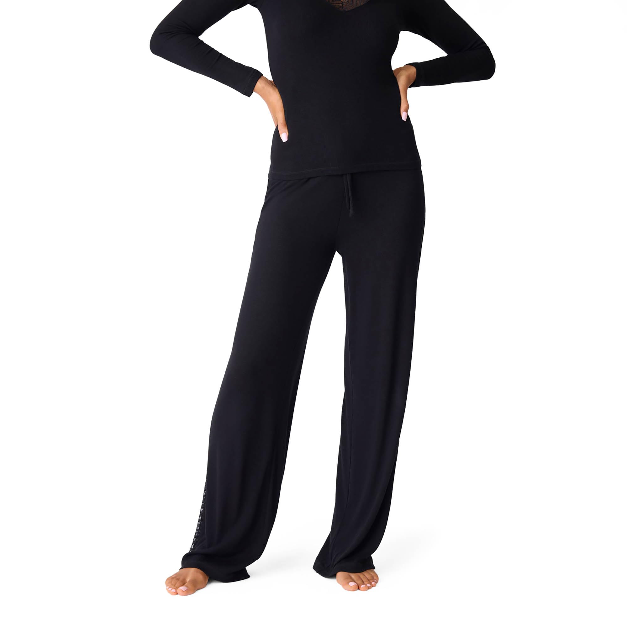 PJ Salvage Womens Lacey Basics Knit Tie-Waist Pant with Lace Insets