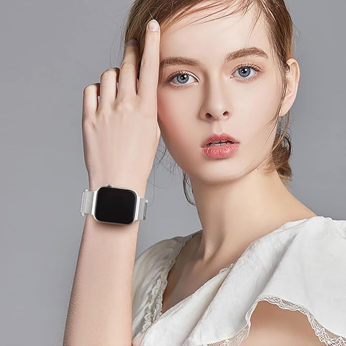 Image of Meyaar Magnetic Loop for Apple Watch Band 46mm 42mm 44mm 45mm 49mm Women Men,Magnet Stainless Steel Mesh Metal Strap for iWatch Ultra /2 Series 10 9 8 7 6 5 4,SE /2nd Generation (Black-Silver)