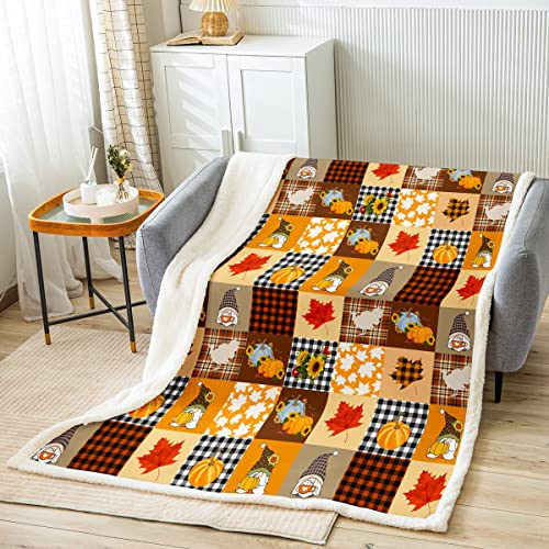 Erosebridal Autumn Harvest Theme Throw Blanket Scandinavian Gnome Blanket For Kids Child,Patchwork Plaid Fleece Blanket Sunflower Pumpkin Turkey Blankets 90"X90",Orange Fall Leaves Autumn Decor #TOP1
