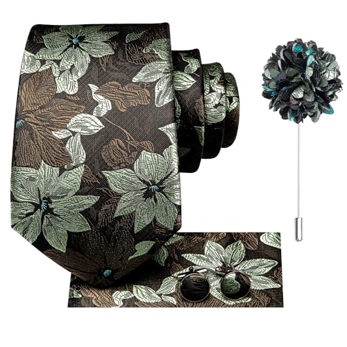 Image of Dubulle Mens Tie and Lapel Pin Paisley Striped Floral Necktie for Men Pocket Square Cufflinks 4PCS Set Wedding Party