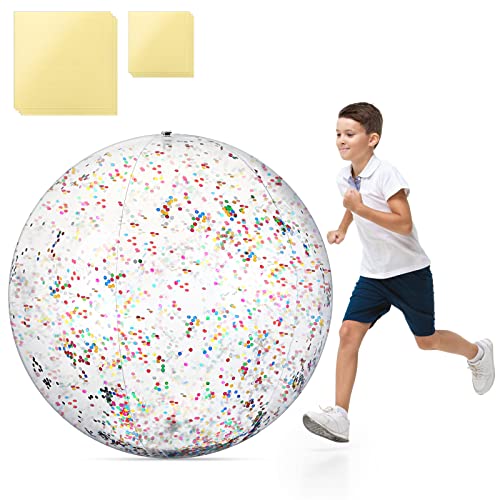 60 Inch Giant Beach Ball Large Inflatable Ball Glitter Beach Ball Jumbo Swimming Pool Ball Clear Confetti Balls with 8 TPU Repair Tape for Kids and Adults Summer Beach Pool Party Favor, 5 Feet