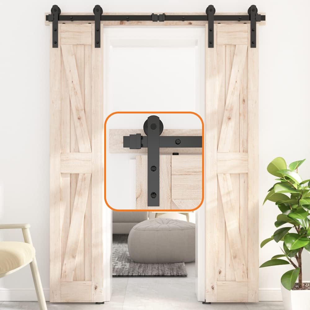 skysen 4FT Double Door Sliding Barn Door Hardware Track Kit -Heavy Duty-Black(I Shape)