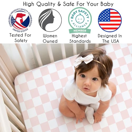Image of Sweet Jojo Designs Baby Fitted Mini Crib Sheet (Pink Gingham Checkered Plaid) for Girls, Newborn /Infant Nursery, Play Yards, Portable Cribs (Vintage, Classic Checkerboard, Geometric Minimalist, Retro)