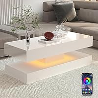 JaHECOME Coffee Tables for Living Room White Tea Side End Table with 16 Colors LED Lights Rectangle Console Centre High Gloss Wooden Sideboard Modern Office Furniture