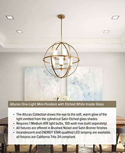 Image of Generation Lighting 6124601-962 Alturas One Light Mini Pendant with Etched White Inside Glass Shade, Brushed Nickel Finish, 100 Total Watts, 7.188 Inch Height, 3.5 Inch Diameter