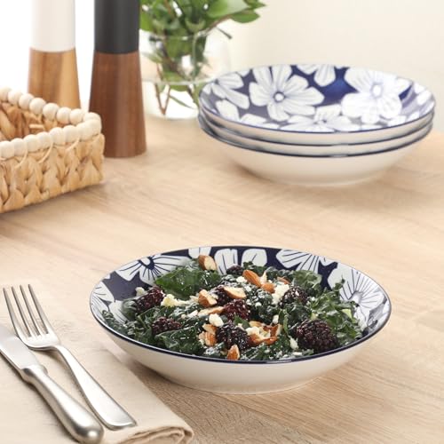 Image of Gibson Home Heritage Sky 4-Piece Pasta Bowl Set, 8 Inch Round Stoneware Bowls, Blue & White Floral Design, Decorative Everyday Use