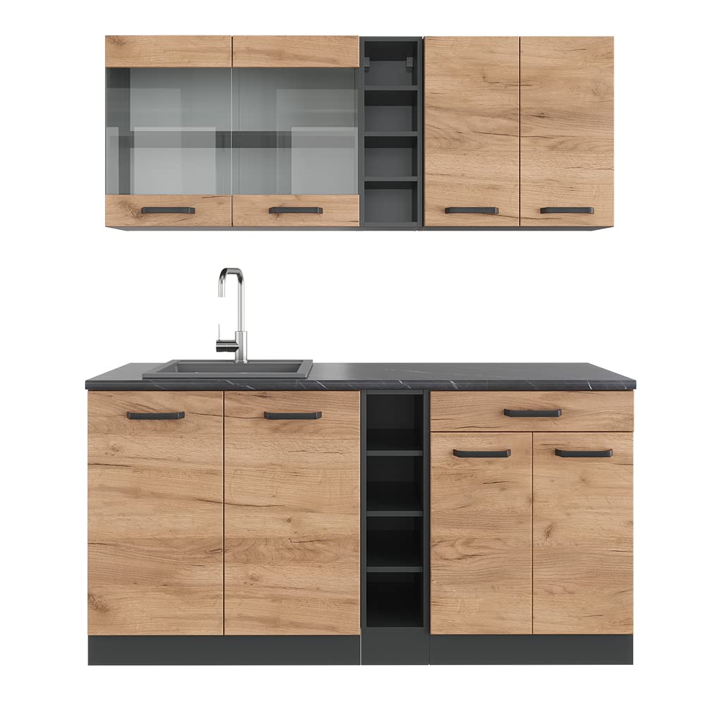 Vicco Cucina completa R-Line, Rovere dorato/antracite, 160 cm senza piano di lavoro, adatto per l'espansione individuale con moduli aggiuntivi