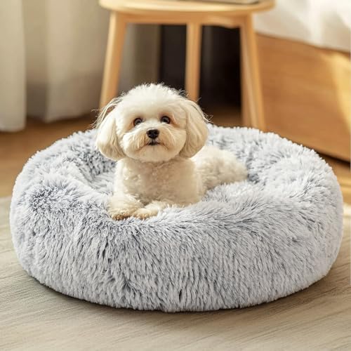JOLLYVOGUE 23" Calming Donut Dog Bed (Light Grey Faux Fur)