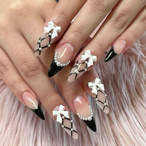 24pcs Black French Press on Nails Medium Almond Fake Nails