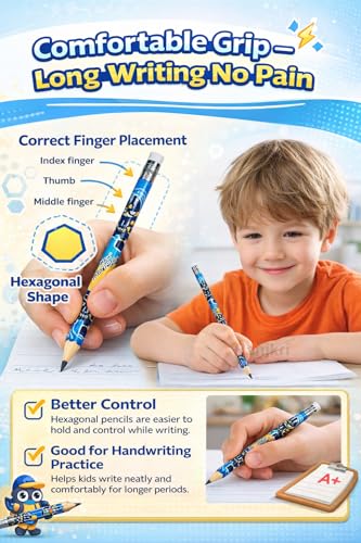 Image of Mech Warrior Kids Pencil Set HB - 12 Pack Student Writing Pencils with Eraser, Dark Smooth Lead, Easy Grip Hexagonal School Pencils for Boys Girls, Handwriting Practice & Return Gifts