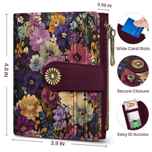 Image of Small Wallet for Women, RFID Blocking Bifold Card Holder Wallet with 10 Card Slots, Cash Compartment, Zipper Coin Pocket & ID Window, Cute Soft Vegan Leather Compact Wallet, Midnight Bloom