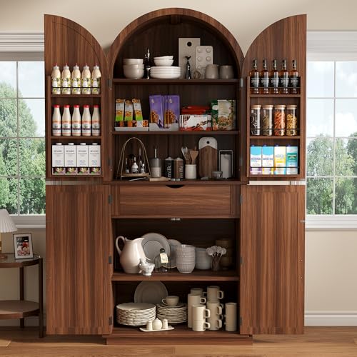 Image of iPormis 71 inch Tall Arched Cabinet with Doors, Farmhouse Kitchen Pantry with Adjustable Shelves & 6-Tier Door Shelves & Drawer, Modern Wood Storage Cabinet for Dining, Living Room, Bathroom, Walnut