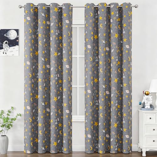 Image of Unicorn Planet Grey Room Darkening Curtains 96 Inch Length for Kids Bedroom