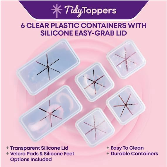 6 Clear Plastic Drawers Organizer Containers & 6 Matching Easy-Grab Silicone Lids - Keep Your Hair Ties, Desk & Bathroom Accessories Drawer, Vanity, Playroom Storage & More Organized!