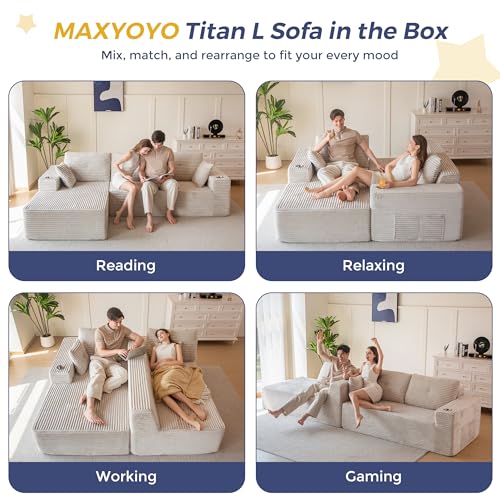 Image of MAXYOYO 104 inch Modular Sectional Couch with L-Shape Chaise, Modern Boneless Couch for Living Room, Sofa in A Box, Oversized Sofa with Deep Seat, No Assembly Required, Grayish Beige