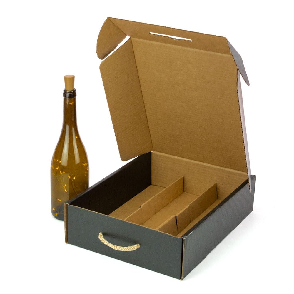 ONLY BOXES Lot de 4 boîtes élégantes pour 3 bouteilles de vin Cava avec poignée, carton recyclé, impression verres métallisés de couleur dorée