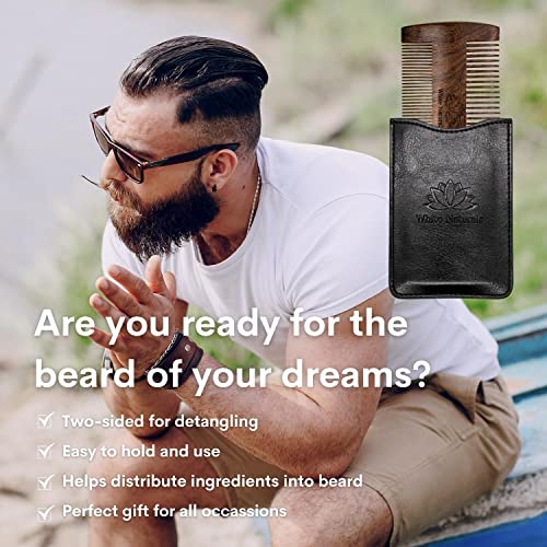 Beard Comb For Men, Wooden Natural Sandalwood, Fine Dual Action Teeth Beard Comb, Handmade Premium Sandal Wood, Fine & Coarse Tooth Perfect For Balms And Oils, Includes Pu Leather Case, Pocket Size #TOP4