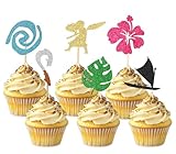 24pcs Tropical Cupcake Toppers, Glitter Palm Leaf Flower Decor for Hawaiian...