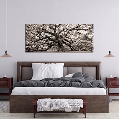 Image of OuElegent Sepia Angel Oak Tree Canvas Wall Art Charleston South Carolina Landscape Picture Artwork Framed Art For Home Living Room Bedroom Decor 20 inchx48 inch (Brown)