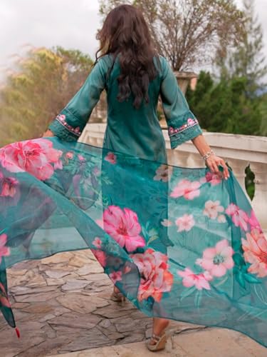 Image of INDO ERA Women's Silk Blend Embroidered A-Line Kurta and Pant with Dupatta Set (Ieout6682)