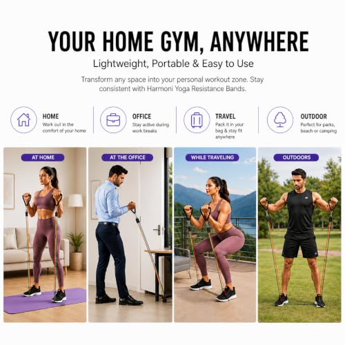 Image of Harmoni Yoga 11-in-1 Resistance Bands, Home Gym, Full Body Workout, 100LB | Includes door anchor, foam handles, ankle straps, carry bag; 100LB total resistance; ideal for men, women, all fitness levels