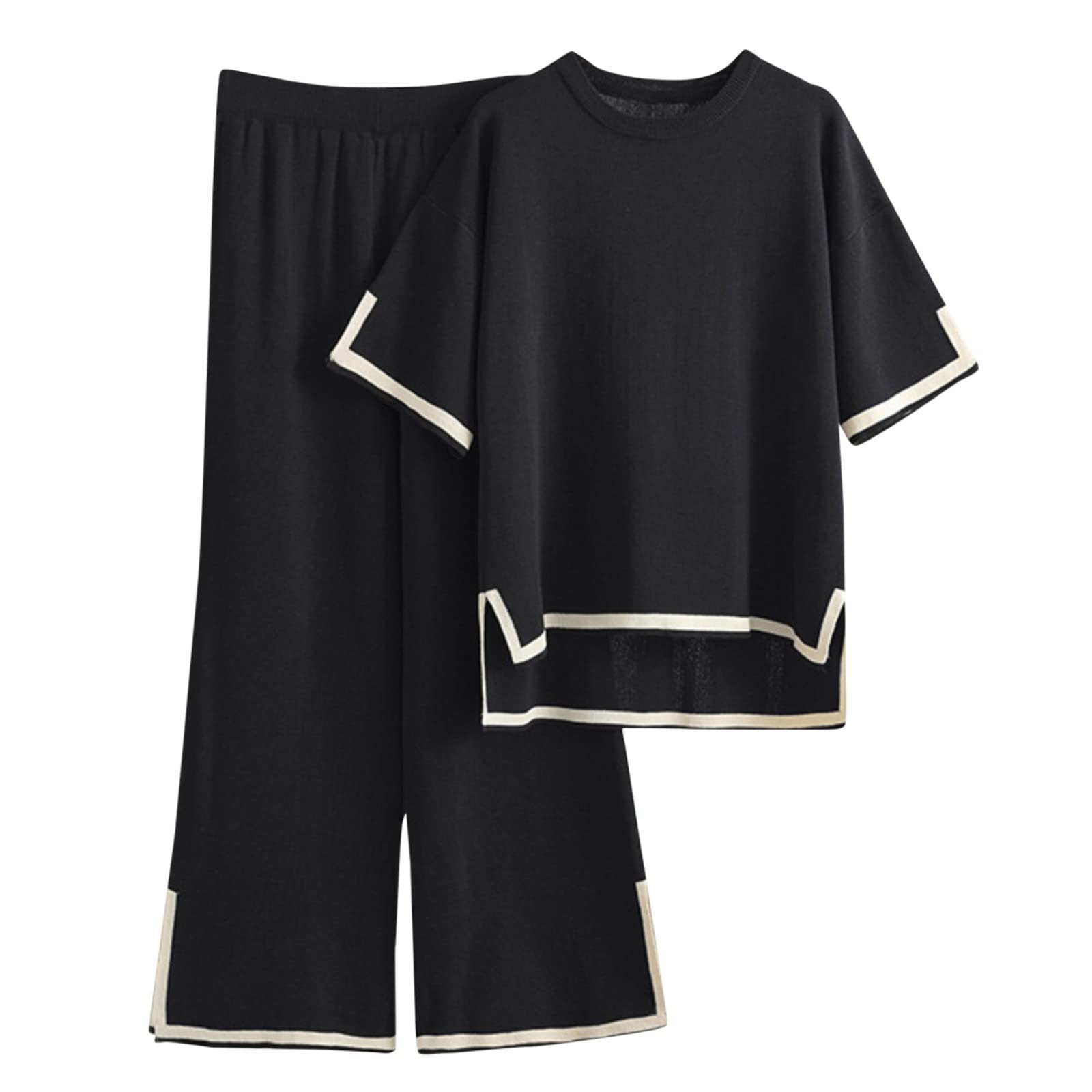 Tuopuda 2-delige dames loungeset rond hals effen loungewear geribbeld shirt top langarm met broek 2-delig huispak joggingpak sportbroek slaapkleding vrijetijdsoutfit, beige, XXL