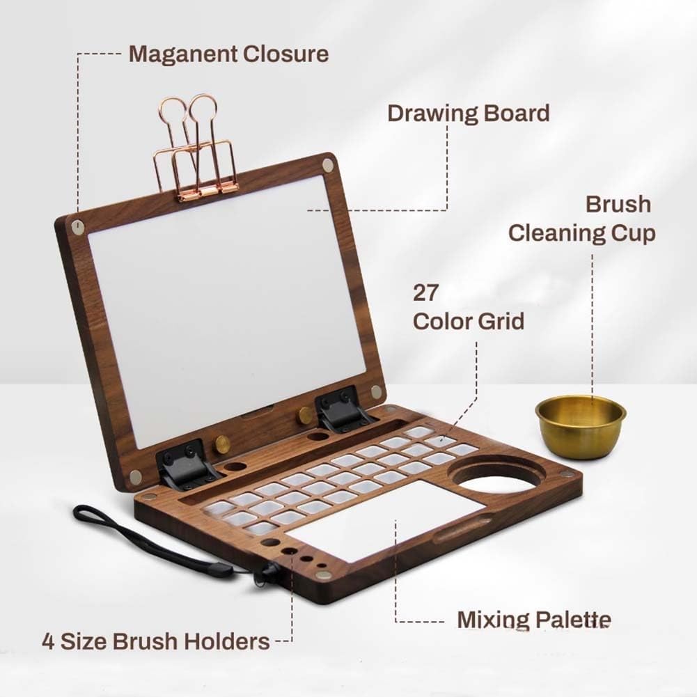 Kit de paleta de acuarelas de viaje con 27 compartimentos, caja de pintura de madera de nogal negro con recipiente para limpiar pinceles, correa de mano y clips metálicos, para artistas