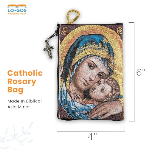 Image of TREE OF LIFE REV. 22:14 Catholic Rosary Pouch, 4 inch x 6 inch Jewelry & Coin Purse with Cross, Small Woven Tapestry Icon Bag, Bolsa de Rosario Catolico para Joyeria, Madonna and Child & Glory Be to the
