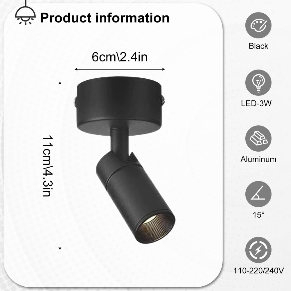 Faretto LED da soffitto Regolabile a Incasso, Lampada focalizzabile, Kit di Illuminazione a Binario Fisso da 3W, faretti direzionali orientabili per Cucina e Galleria, Nero 30,Black4000k