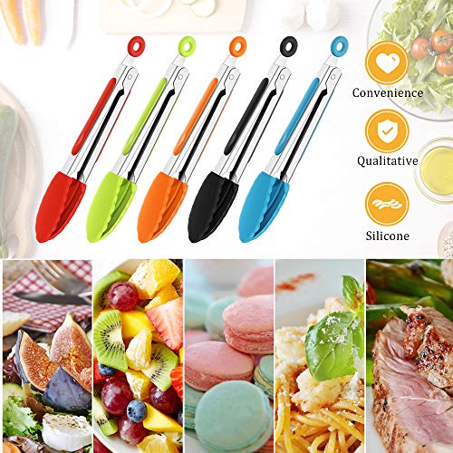 7 Inch Silicone Tongs Mini Kitchen Tongs with Silicone Tips Small Serving Tongs Stainless Steel Cooking Tongs for Salad, Grilling, Frying and Cooking (Black, Red, Blue, Orange, Green, 5 Pieces)