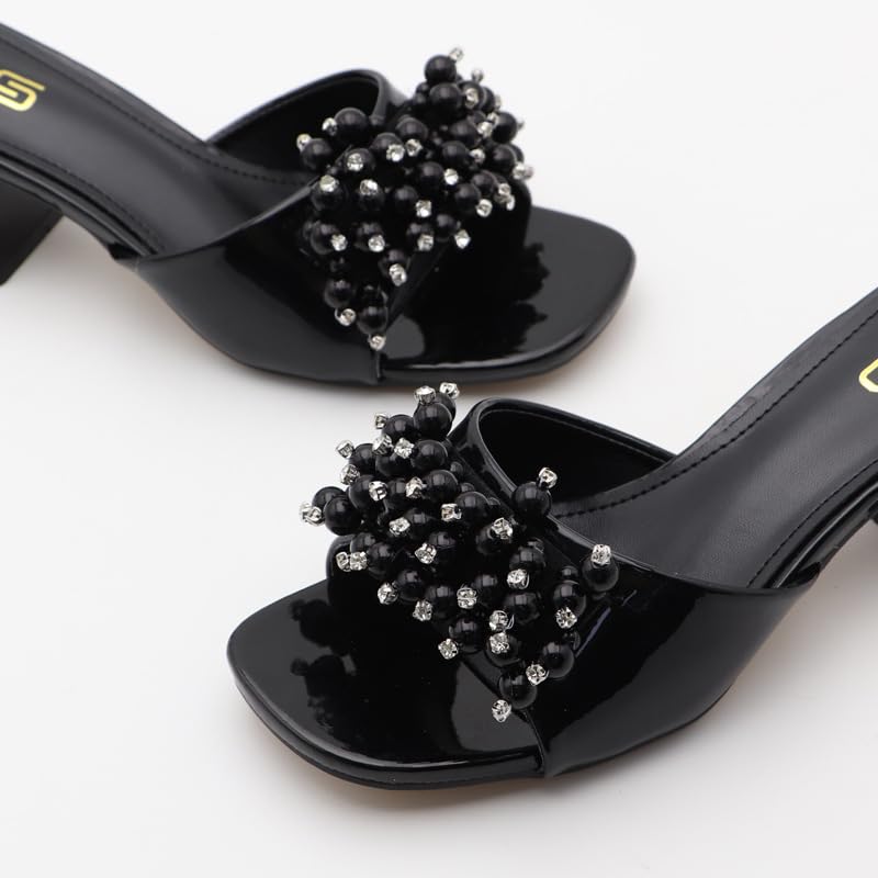 Womens Chunky Heeled Sandals Pearl Chunky Heel Slip-On Slides Sandals Square Open Toe Backless Mules4